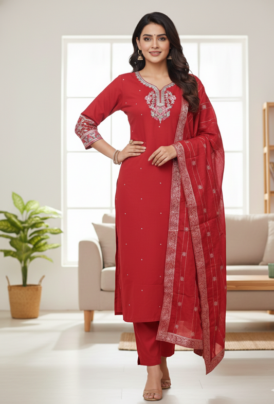 Viscose Kurthi Pant Set with Banaras Dupatta - NV016