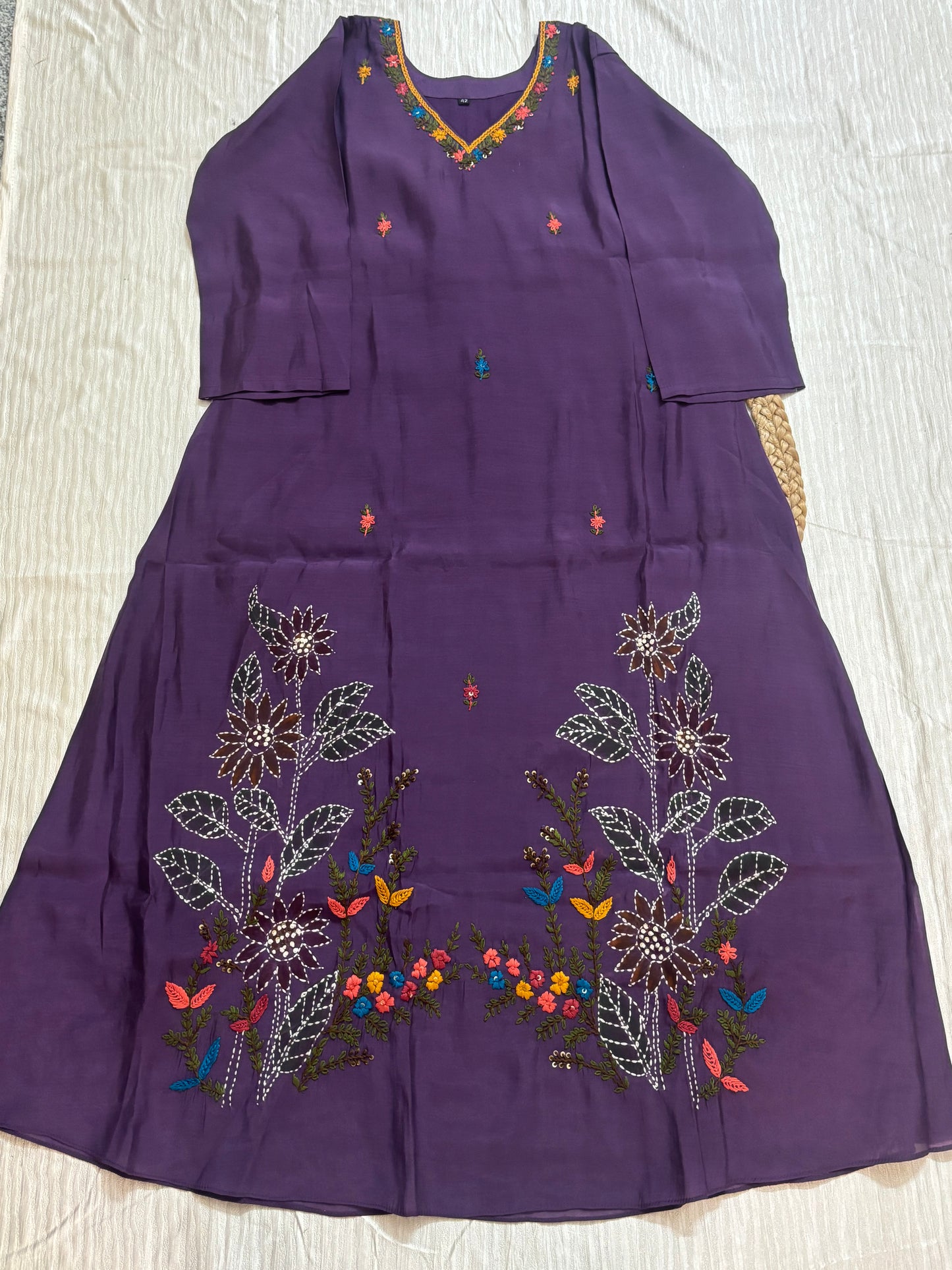 Mul Chanderi A-line Kurtha set with Pant & Dupatta - NV028