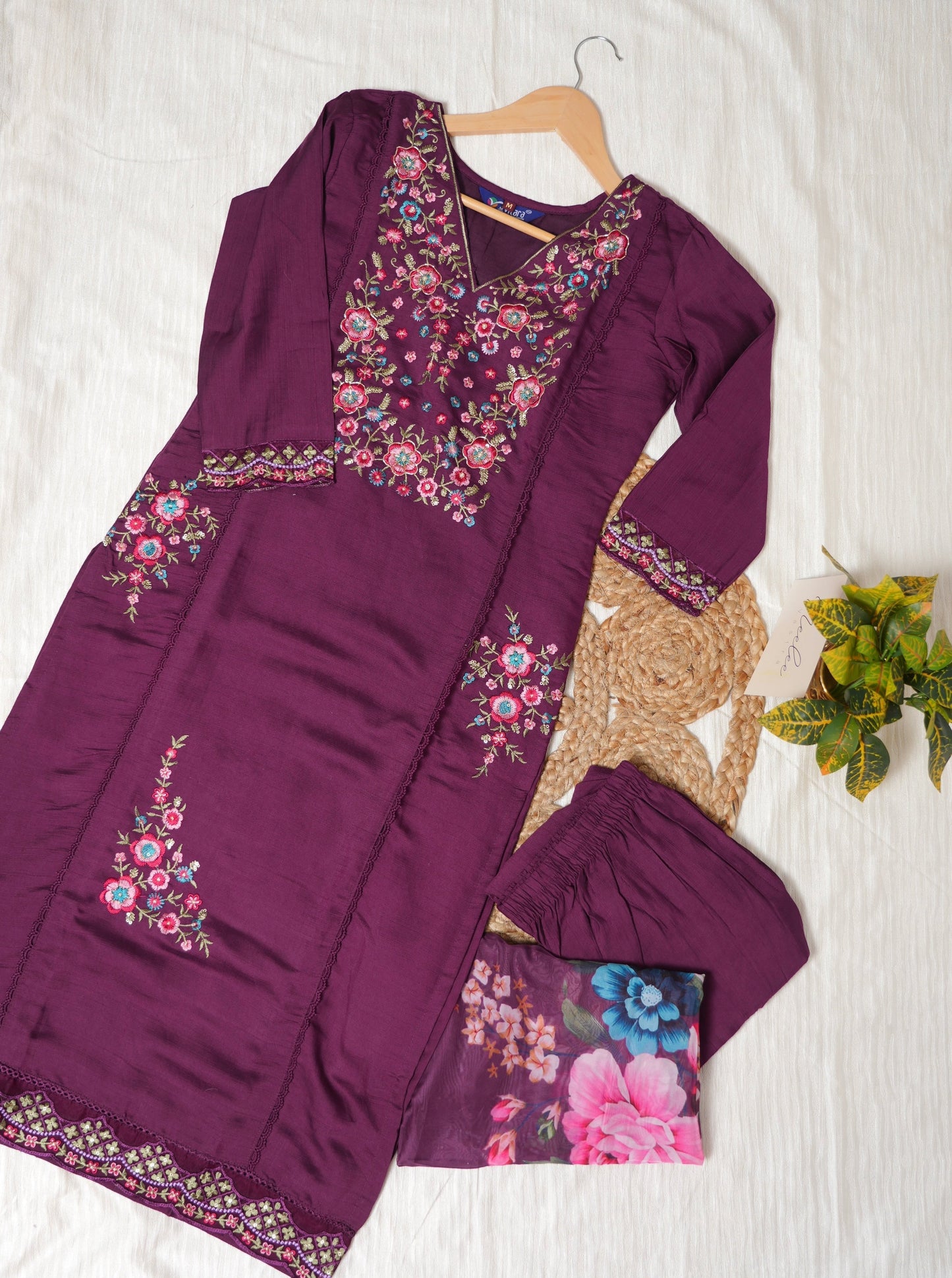 Tussar Silk Straight Kurtha Set with Pant & Dupatta - NV001